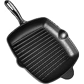 VonShef Cast Iron Griddle, 10" Frying Pan, Pre-Seasoned Non-Stick Pan for All Hob Types, Oven Safe Heavy Duty Skillet with Po