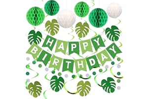 LSOAR Green Birthday Decorations - Green Happy Birthday Banner with Honeycomb Balls, Palm Leaves Hanging Swirl Streamers, Circle Dot Garland Decorations - Birthday Party Decoration for Boy Girl