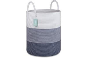 BOSROTY Large Blanket Basket, Tall Laundry Hamper 65L, Nursery Basket with Handles for Storage Toys Clothes Towels, Cotton Rope Woven Organiser, 40 x 50 CM, White & Gray