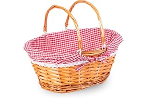 ADEPTNA Lightweight Wicker Shopping Basket with Foldable Handles – Handwoven Willow Hamper with Red Gingham Cotton Liner – Gift, Picnic, Easter, Toy, Garden, Storage Basket (LARGE)