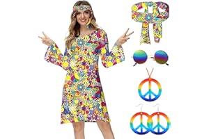 Antsparty 5 Stück Hippie Kostüm für Damen, 60er 70er Bekleidung Damen Hippie Kleid Frauen Mädchen Disco Kleider, Damen Retro Disco Outfit Faschingskostüm für Karneval Party