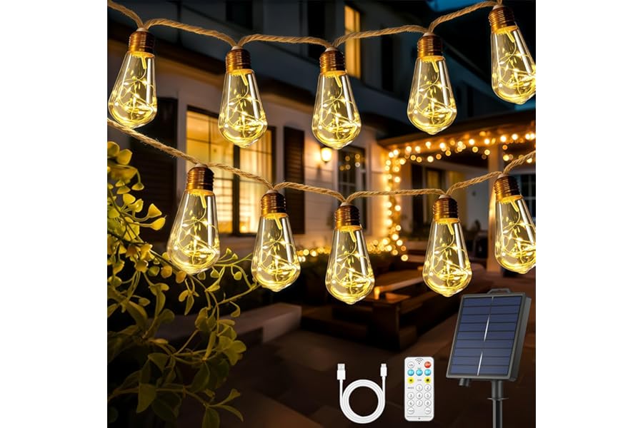Giliwosy Solar String Lights Outdoor Garden, 10m/16 LED Dimmable Garden Hanging Light Bulbs with Remote Control 1200mAh Battery Fairy Light IP66 Rope Light with 8 Mode & Timer for Patio Party Decor
