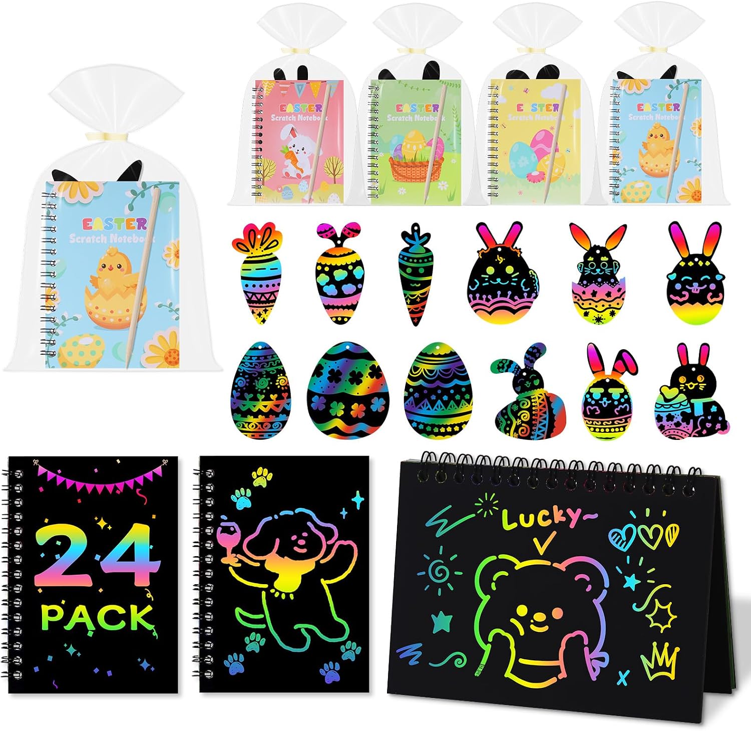 Huiguli 24 Pascua de Resurrección Libros Scratch Art Manualidades Kit con 24 Plantilla y Lápiz de Madera y Tarjeta de Rascar, Libros para Colorear Manualidades Niños, Regalos Niños Colegio Pascua