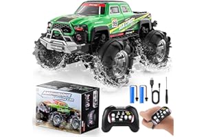 DEERC Monster Truck/Bateau RC Amphibie, Voiture Télécommandée étanche IPX7 avec Détection de Mouvements, Voiture RC 4 Roues Motrices 2,4 GHz avec Rotation à 360°, Lumière Fluide, Cadeaux pour Enfants