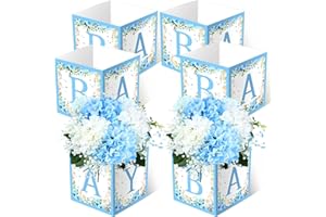 Bucherry 6 Pcs Baby Shower Party Decorations Baby Flower Boxes Centerpiece Rustic Table Display with Letters Gender Reveal Party Favor Block Holder (Blue,Blue Floral)