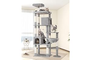Globlazer Kratzbaum XXL für Große Katzen, Katzenbaum Groß hoch 213 cm mit 2 Katzenhaus, 55 * 45CM Plattform, Sitzstangen, Korb, Luxus Katzenturm Stabil für 3-5 Katzen Erwachsene Innen (F83, Hellgrau)