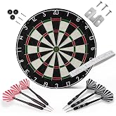 Amazon Basics Dartboard &amp; 6 Steel Tip Darts - Self Healing Sisal Fiber Fine Wire Spider Design - Complete Mounting Kit, 18",