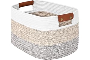 GYBOOM Cotton Rope Storage Basket Woven Shelf Storage Bin with Detachable Leather Handles, Decorative Closet Shelf Woven Basket (Gradient Brown 1PACK)