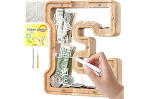 Lakpopya Salvadanaio in Legno per Bambini Salvadanaio Lettre Personalizzato di A-Z Salvadanaio Apribile Trasparente per Decorazione Regalo Battesimo (E)