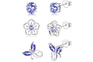 JeweBella 3 Paires Boucle d'Oreille Enfant Fille Femmes en Argent Zircon Cubique Hypoallergénique Fleur Papillon Clou d'oreilles Pierre de Naissance Coloré Cadeau Anniversaire Fille Femmes