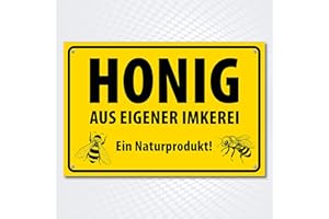 ‎PG PICO SIGNS SCHILDER UND MEHR Hochwertiges Schild aus Alu-Dibond mit UV-Schutzlackierung " HONIG AUS EIGENER IMKEREI " 300 x 200 mm rechteckig | Ein Naturprodukt | Hinweisschild gelb schwarz mit Lochbohrung