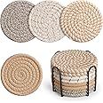 Geichan Drink Coasters with Holder, 4 Colors Absorbent Coasters, Cotton Woven Coasters Set of 8 for Table Protection, Home Decor, Glasses, Cups, Bar, Housewarming Gift