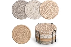 Geichan Drink Coasters with Holder, 4 Colors Absorbent Coasters, Cotton Woven Coasters Set of 8 for Table Protection, Home Decor, Glasses, Cups, Bar, Housewarming Gift