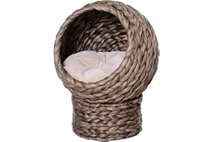 PawHut Wicker Cat House, Raised Cat Bed with Cylindrical Base, Soft Washable Cushion, Woven Water Hyacinth Cat Basket for Indoor and Outdoor, 42 x 33 x 52 cm - Dark Brown
