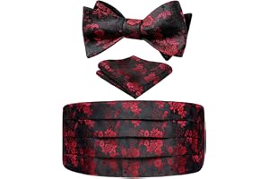 HISDERN Mäns blommig Paisley Silk sammetsning & self Bowtie & näsduk set, Svart röd, One size