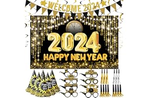 LECONCES Silvester Deko 2024 Neujahr Party Dekoration Set, XXL Happy New Year 2024 Banner, Neujahr Partyhüte Silvester Partybrille Neujahr Partytröten, Welcome 2024 Girlande, 2024 Neujahr Dekoration Set.