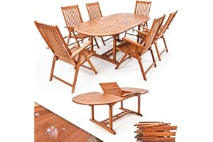 CASARIA® Wooden Garden Dining Extending Table and Chairs Set | FSC® Certified Eucalyptus Wood | Weatherproof Outdoor Patio Conservatory Oval Solid Furniture | 6 Seater