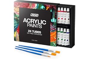 ZENO Acrylic Paint Set of 24 Colour Tubes | with 3 Paint Brushes | For Canvas Wood Ceramic Fabric | Non-Toxic | Vibrant Pigments | For Adults & Kids