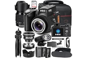 NBD Appareil Photo Reflex Numérique 33MP, caméra de Vlogging HD1080P avec Téléobjectif 24X, Objectif Grand Angle 0,5X et Lumière LED, Le Meilleur Appareil Photo pour Les Débutants (Noir)