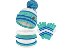 BEQUEMER LADEN Bambino Invernali Termici Cappello Sciarpa ad Anello Guanti, Caldi Beanie Berretto con PON PON Scaldacollo in Maglia per 2-7 Anni Bambini Bambina, Regalo
