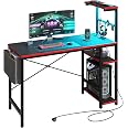Scrivania Gaming Bestier Con LED RGB E Prese Integrate - Tavolo Da Gioco 113x50 Cm, Ripiani Regolabili, Design In Fibra Di Carbonio