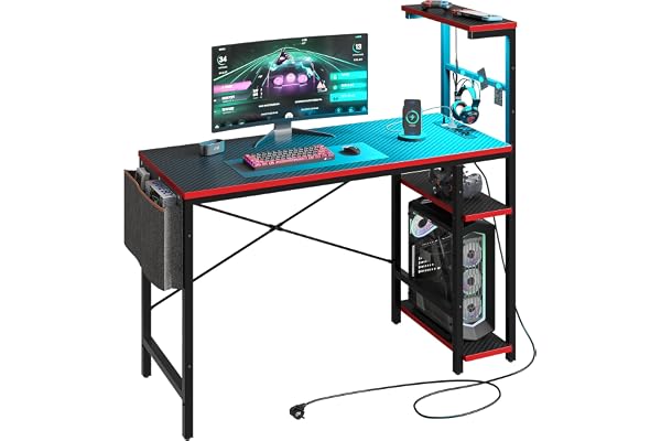 Bestier 113CM Bureau de Jeu, Bureau avec Étagère de Rangement, Éclairage LED, et Compartiments de Rangement - Table avec Crochet pour Casque, 113 x 50 x 113 cm,en Fibre Noir