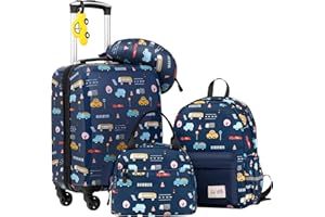 COOLIFE 5tlg Kinderkoffer mit Rucksack, Kindertrolley aus Kunststoff, Kindergepäck, Kinder Kofferset Handgepäck Reisegepäck Hartschalenkoffer für Jungen und Mädchen(Auto, Koffer-Set 5-TLG)
