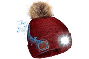 Achort Bonnet sans Fil Bluetooth avec Lampe Frontale 4 LED Rechargeable par USB V5.0 - Doublure Polaire - Haut-parleurs stéréo intégrés et Micro - pour Femme - Course à Pied, Ski, Camping, Cyclisme