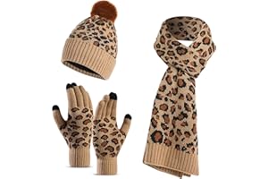 LumiSyne Invernali 3 Pezzo Cappello Sciarpa Guanti Per Donna Berretto Beanie Sciarpa Lunga Guanti Touch Screen Lavorato a Maglia Con Leopardata Pompon Calda Morbido Spessa Fodera In Pile
