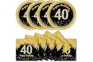 DHAIQC 50 Pcs 40th Birthday Paper Plates and Napkins Party Supplies, Black Gold 40th Party Plates and Napkins Tableware Set for Men Women Anniversary 40 th Birthday Decorations