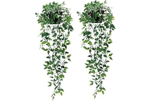 LAFECUW Artificial Hanging Plants,2 Pack Fake Hanging Plants with Pot,Greenery Faux Fake Ivy Decor, Fake Potted Plants for Home Indoor Outdoor Wall Patio Office Table Shelf Aesthetic Decor (A)
