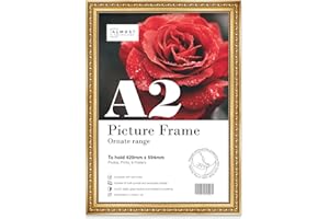 Almost Frameless A2 Gold Ornate Picture Frame Fits A2 (42 x 59.4cm - 16.5 x 23.4in) Poster, Photo, Artwork, or Print. Opulent Style Portrait and Landscape Display with Wall Hooks