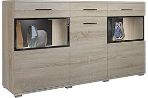 Mirjan24 Kommode Blues mit Glastüren, Highboard Sideboard, Anrichte, Mehrzweckschrank, Naturtöne, Schrank, Wohnzimmerschrank (Sonoma Eiche, mit Beleuchtung)