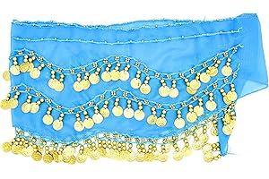 Skyzone Cintura di Danza del Ventre, Sciarpe di Danza del Ventre con 128 Monete Costumi di Danza del Ventre Blu Gonna di Danza del Ventre