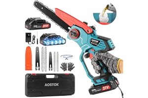 AOSTOK Mini motosierra de 6Pulgadas+ 8Pulgadas, equipada con 4 cadenas, con batería 2x2000 mAh, con botón de seguridad.Motosierra de una mano, tanto para zurdos como para diestros, para corte de madera