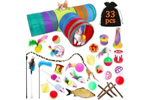 TWBEST Juguetes para Gatos - Set 33pcs Interactivo Con Túnel, Ratones, Hierba Gatera, Varita de Plumas, Peces, Bolas y Campanas