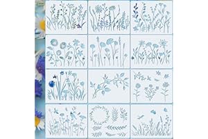 LynixTrade 12Pcs Stencils for Crafts Reusable, Nature Flower Stencils for Fabric Painting, Floral Leaves & Flower Drawing Templates for Painting on Wood Canvas DIY Art Card Window Wall Decor