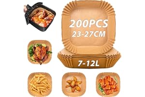 Sungoup Papel de horno para freidora de aire caliente 23-27 cm, 200 unidades de papel para horno Airfryer antiadherente, resistente al agua, resistente al aceite, papel para freidora de aire de 7 L a