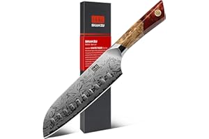 SHAN ZU Coltello Santoku in Damasco, coltello da cucina professionale da 18 cm, realizzato in acciaio Damasco a 91 strati e acciaio a polvere SG2, impugnatura ergonomica in acero - Serie White Tiger