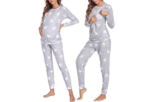 Ekouaer Pijama de Lactancia para Mujer de Manga Larga a Rayas trmico para Invierno para Embarazo Lactancia, S-XXL