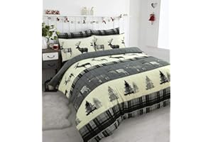 L S U XMAS Stag Tartan Thermal Flannel Duvet Cover Set Brushed Cotton All British Size (Grey, Double)
