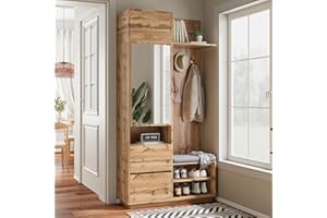 Gxffipw Garderobe Set Garderobenset Hoch 190 cm mit Spiegel und Sitzbank, Garderobenschrank Flurgarderoben Set mit Haken und Schuhschrank, Kompaktgarderobe mit Schubladen, Flur Möbel, Holzfarbe