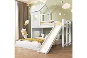 Moimhear Litera con tobogán, Cama-casa, Cama Infantil, con Puerta de Seguridad, con Ventana y Techo, con Escalera de Tres peldaños, Pino+MDF (Blanco, 90x200cm+140x200cm)