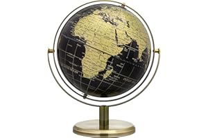 EXERZ Globe 20cm Noir & Doré, Rotation 360° Tous Sens – Globe Terrestre Éducatif Géographique – Arc et Base en Bronze. Carte en Anglais.