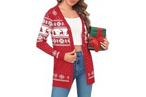 Crewhpo Damski świąteczny kardigan z długim rękawem otwarty przód guzik top gruby kabel dzianina renifer drukowane kardigany lekki sweter z dzianiny