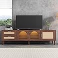BTM 180cm TV Stand Cabinet, LED TV Unit with LED Lights, TV Stand with 2 Rattan Drawers, 2 Curved Glass Doors & 1 Rattan Door, Brown TV Cabinet for 80 inch TV, 180x40x50cm