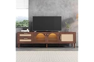 BTM 180cm TV Stand Cabinet, LED TV Unit with LED Lights, TV Stand with 2 Rattan Drawers, 2 Curved Glass Doors & 1 Rattan Door, Brown TV Cabinet for 80 inch TV, 180x40x50cm