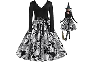 MOIUGULI Damen Halloween Kostüm Frau, Halloween Kostüm Damen Sexy Gruselig, Schwarz Kleider Damen Kostume, Cosplay Cocktail Party Kleider Karneval Kostüm in Blütenblatt-V-Ausschnitt Vampir Skeleton Rose Design