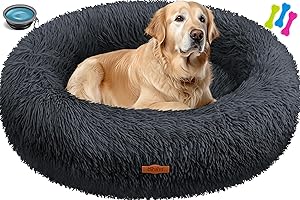 Lovpet® Dog Bed, Dog Cushion, Cat Bed, Bagel, Washable, includes Bowl and 3 x Chew Bones, Dog Sofa Fluffy Cushion Round Plush for Small, Medium and Large Dogs, Cats (XXL, Diameter 80 cm, Anthracite)
