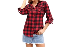 Irevial​​ Blouses Chic Élégant Haut à Carreaux à Manches Longues Classique Saisons Haut Décontracté